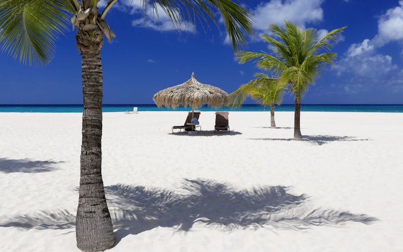 Am Strand in der Karibik, weißer Sand, Palmen und zwei Liegestühle