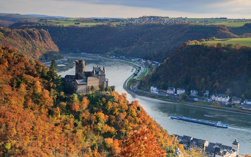 Herbstliche Bäume um eine alte Burg hoch über dem Rhein