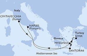 Fleet; Ship; MSC Divina; Aerial view; Sea; Mediterranean; Italy; Vegetation;