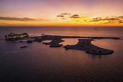 Ship; MSC Divina; Destination; Ocean Cay MSC Marine Reserve; Sea; Aerial view; Island; Sunset; Fleet;