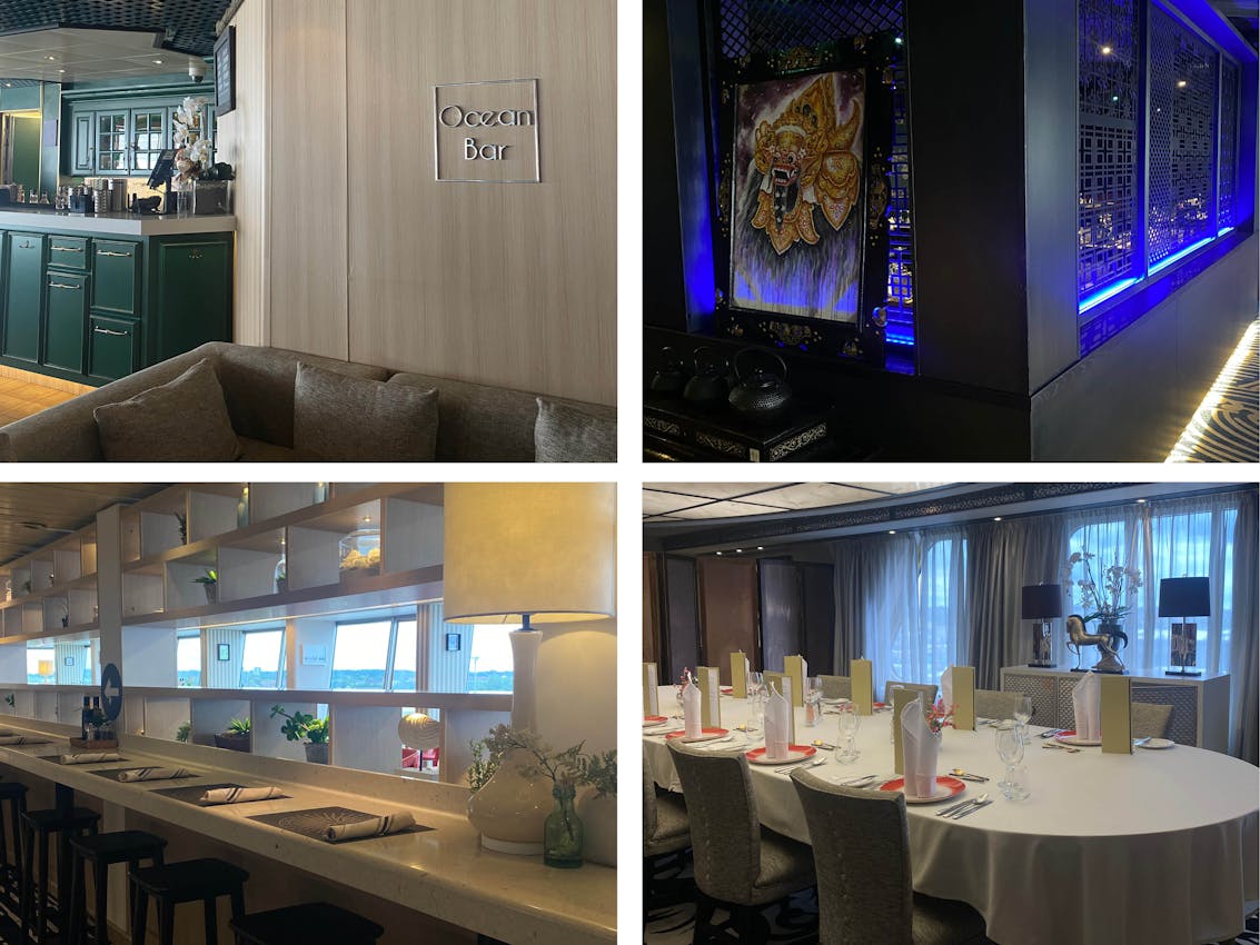 Ocean Bar (o.l.), Eurasia Restaurant (o.r.), Club Bistro (u.l.), Chef's Table (u.r.)