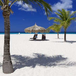 Palmen, Strand, Sonnenliegen, Karibik