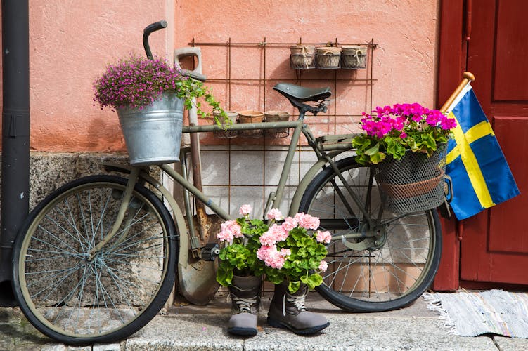 Bepflanztes Fahrrad mit Schweden Flagge