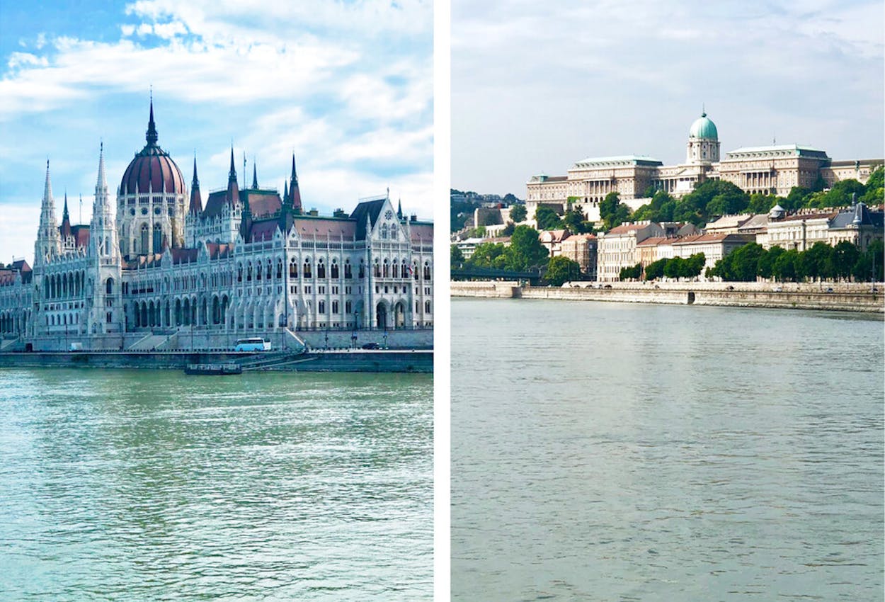 Einfahrt mit dem Flussschiff nach Budapest mit dem Parlament (l.) und dem Burgpalast (r.)