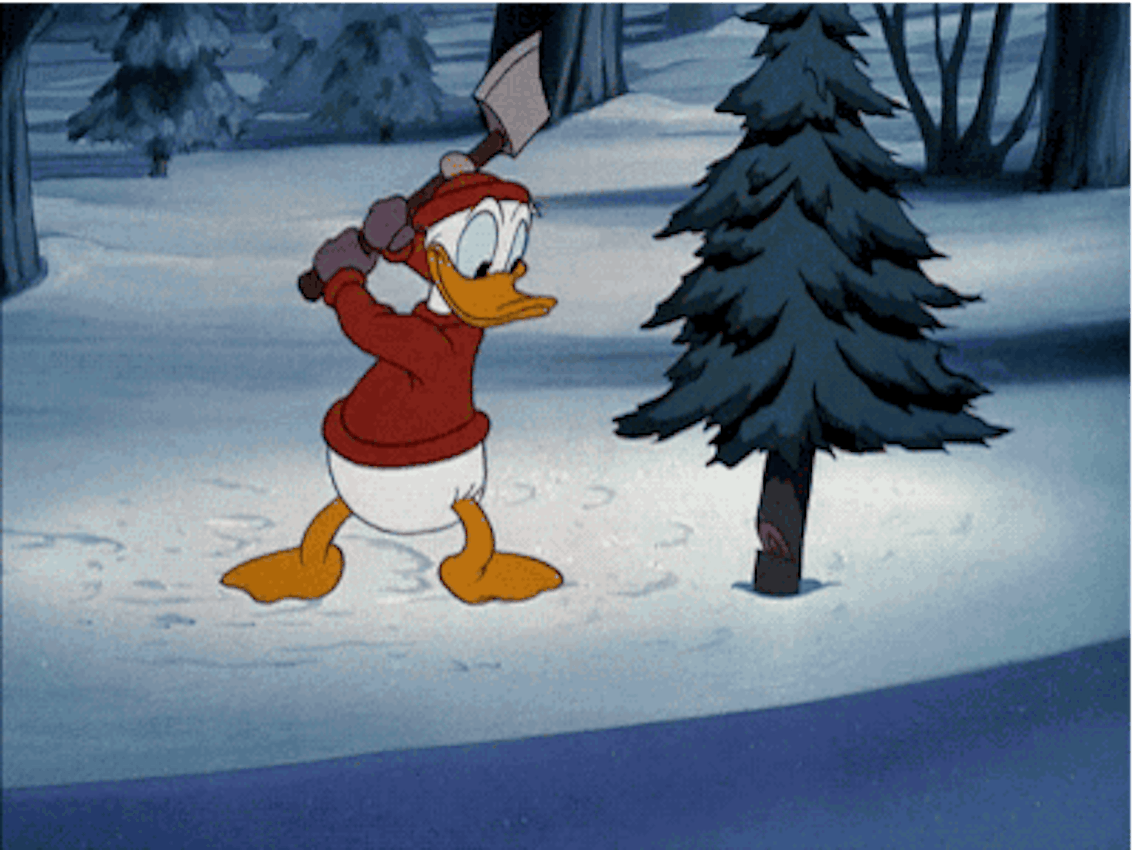 Donald Duck schlägt Weihnachtsbaum
