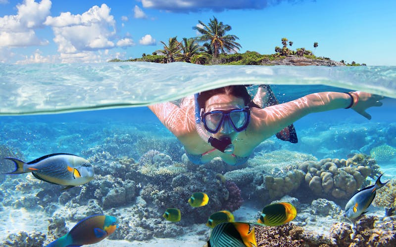 Frau mit Schnorchel bewundert die bunte Unterwasserwelt